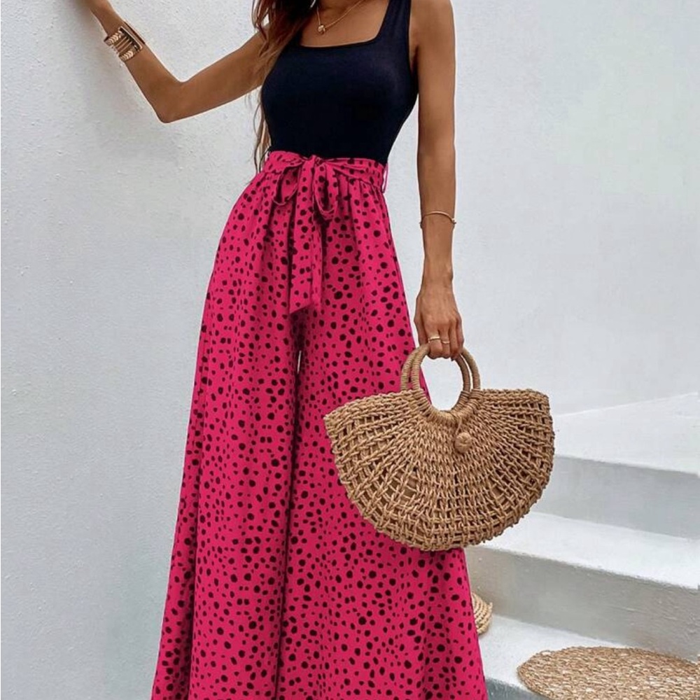 Pink Polka Dot Wide-Leg Pants